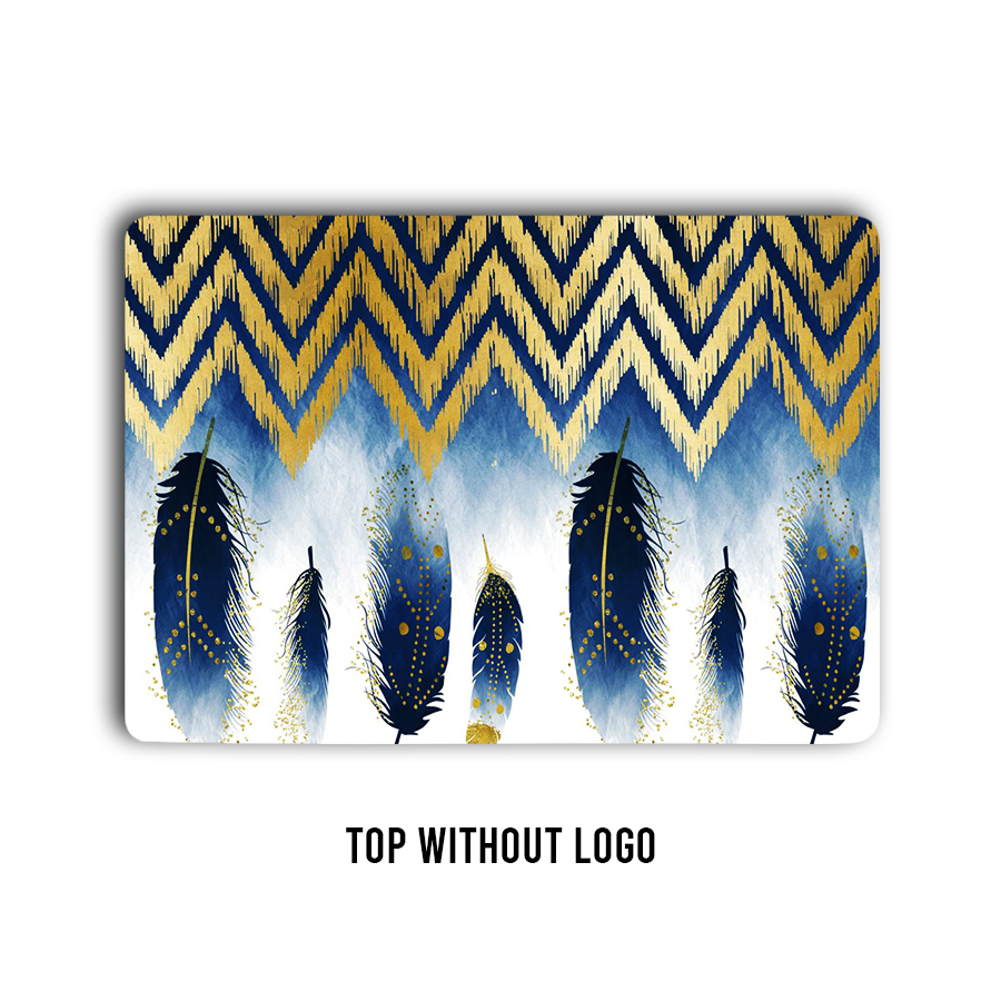 Golden plume! Tribal pattern laptop skin in ethereal blue feathers