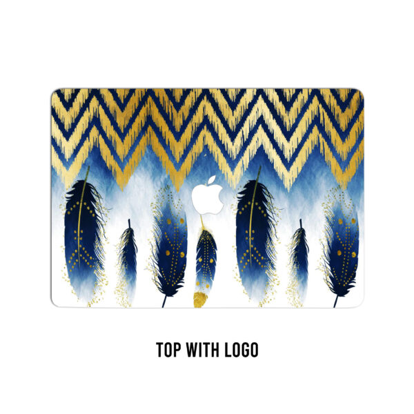 Golden plume! Tribal pattern laptop skin in ethereal blue feathers