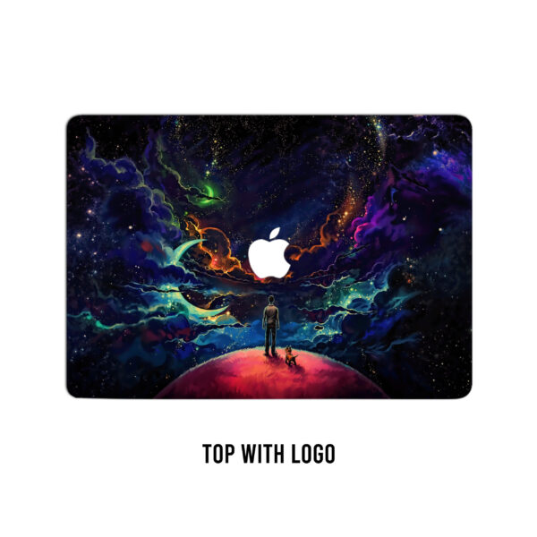 Starry dreams! Boy and dog gazing at a multicolored universe laptop skin